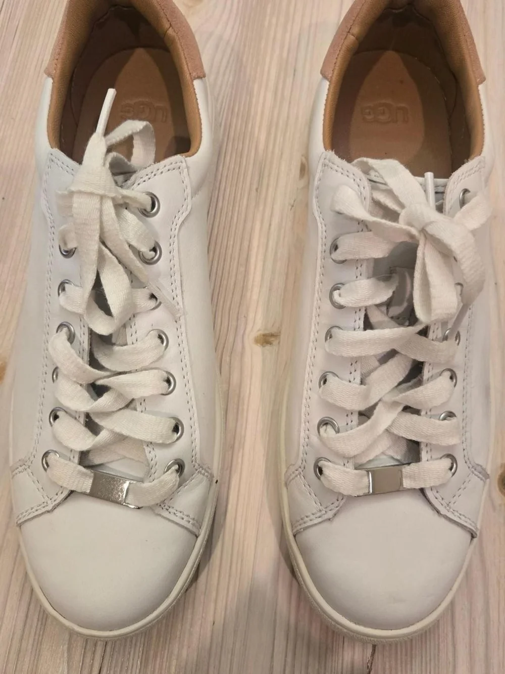 UGG White Leather Low-Top Sneakers with Tan Heel